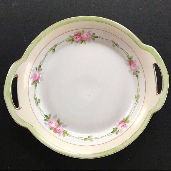Antique Nippon Hand Painted Pink Rose Gilt Trim Cream & Green Handled Bowl - Picture 2 of 14